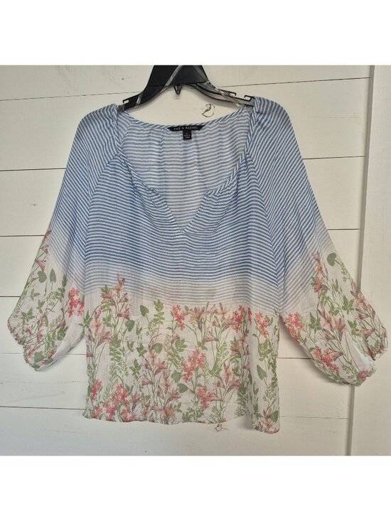Zac & Rachel Tops - Zac & Rachel Blue Striped Floral Blouse Size L Lightweight 3/4 Sleeve Scoop Neck